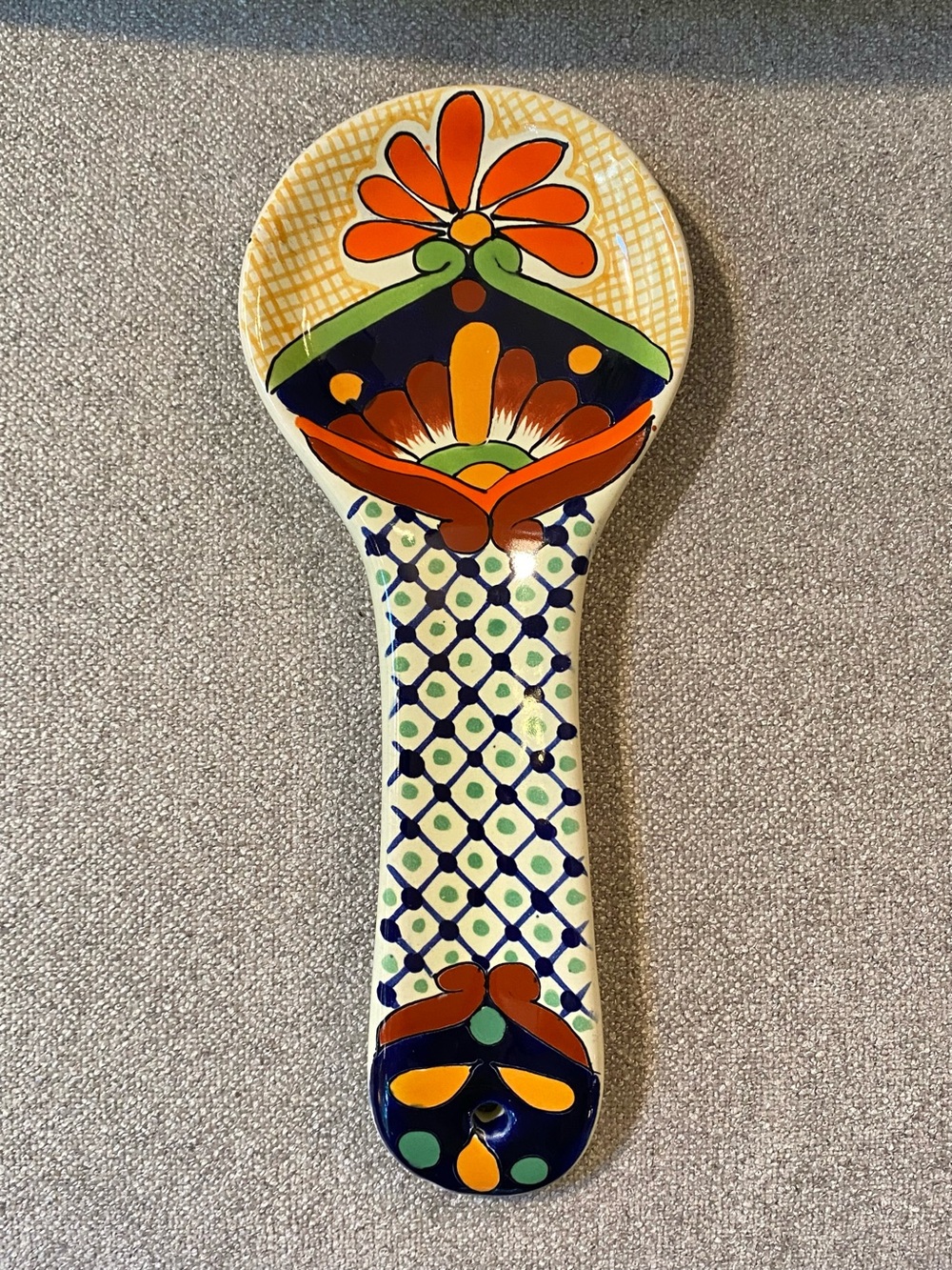 Mexican Talavera Hand Painted Ceramic Spoon Rest Flower Geometric Design Mexico